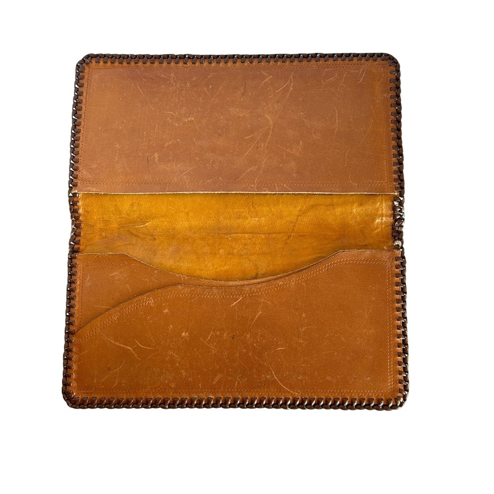 Vintage Tooled Leather Checkbook Wallet Brown Floral Design Hand Stitched - Picture 9 of 12